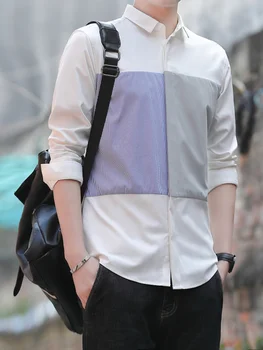 Повседневная рубашка Мужская, Топы с длинными рукавами в стиле пэчворк, кардиган на пуговицах для отдыха, японские Контрастные Базовые рубашки Harajuku Camisa 2023 C116