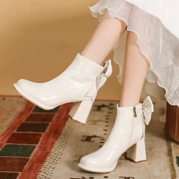 BCEBYL/ Новая модная женская обувь с круглым носком и бантом на квадратном каблуке, Элегантные износостойкие повседневные удобные короткие ботинки