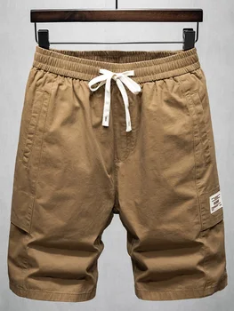 Летние хлопковые шорты на завязках, мужские повседневные прямые брюки цвета хаки, мужские шорты для бега на открытом воздухе длиной до колена.