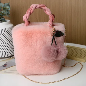 Зимняя Мягкая теплая сумка из искусственного меха кролика Рекс, женские сумки-тоут, женские сумки, роскошная сумка-мессенджер, Женская сумка-ведро с помпонами