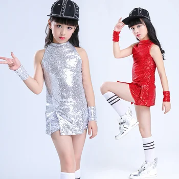 Танцевальная одежда с блестками для девочек, платье от 4 до 12 лет, блестящий хип-хоп, джазовый танцевальный костюм, топ без рукавов и шорты