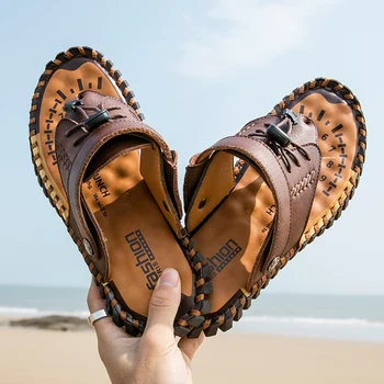 Сандалии Уличные нескользящие мужские пляжные сандалии ручной работы из натуральной кожи, Мужская обувь, горячая распродажа, Летние Мужские модные мужские кроссовки