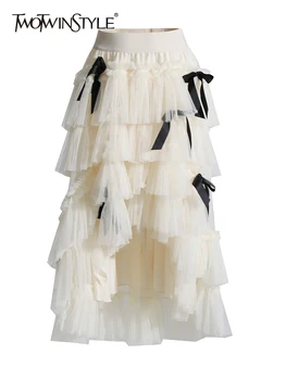 TWOTWINSTYLE Элегантные женские юбки с бантом, высокая талия, лоскутная сетка, юбка с нерегулярным подолом, модная женская одежда 2023 года