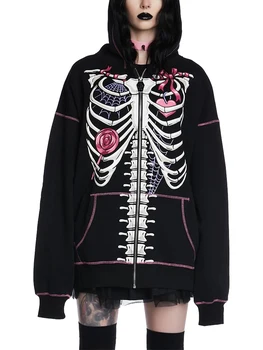 Женские куртки в стиле ретро харадзюку в стиле хип-хоп с принтом скелета/черепа, толстовки на молнии с длинным рукавом, повседневная свободная толстовка на Хэллоуин