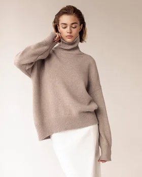 RDMQ 2023 Женский Осенне-зимний пуловер с высоким воротом, Свободный вязаный свитер, Элегантные Модные повседневные топы, женская одежда