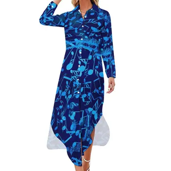 Blue Music Notes Повседневное платье Уличная мода с ретро-принтом, платья с длинным рукавом, Элегантное женское шифоновое платье с V-образным вырезом большого размера