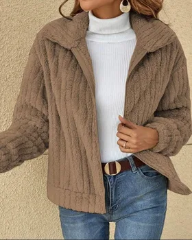 Зимняя повседневная женская короткая куртка, шерстяной кардиган, Свободное теплое пальто, однотонное элегантное пальто с отложным воротником, утепленное флисовое пальто