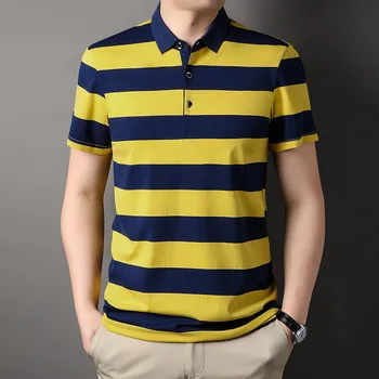 Рубашка поло из 95% хлопка, Новая модная полосатая Летняя повседневная мужская футболка 2023 года, мягкая Мужская рубашка поло в корейском стиле Высшего качества
