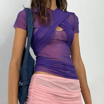 Прозрачная футболка из сетки, женский укороченный топ с перекрестными ремешками, короткий рукав, эстетичная одежда, однотонная уличная одежда Ropa De Mujer