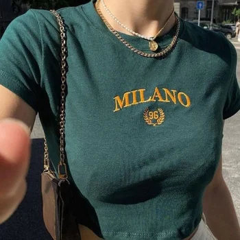 Женские короткие футболки с надписями Milano, Разноцветная золотая вышивка, уличная одежда, Сексуальная, милая, Леди, Удобная