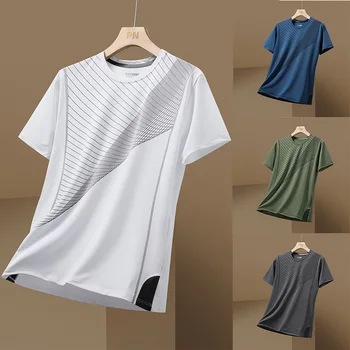 Летняя мужская одежда Ice Silk с круглым вырезом и короткими рукавами, быстросохнущая одежда для бега, баскетбольная футболка для защиты от солнца, Оздоровительная футболка