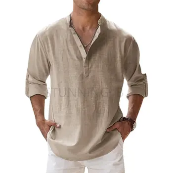 Весенне-осенняя новая мужская льняная дышащая рубашка с длинным рукавом, однотонная повседневная базовая хлопковая льняная рубашка, топы, рубашка из конопли