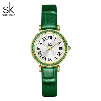 Женские кварцевые наручные часы Shengke нового дизайна с роскошным циферблатом из страз, модные часы с кожаным ремешком Montre Femme