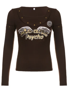 Женские укороченные топы с буквенным принтом, длинным рукавом, приталенная блузка с графическим квадратным вырезом, винтажные футболки Y2K Fairy Grunge