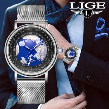 Мужские часы Модный бренд LIGE с роскошным сетчатым ремешком, кварцевые мужские наручные часы Creative Earth, водонепроницаемые мужские часы, повседневные часы для мужчин