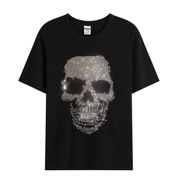Высококачественная мужская летняя новая модная футболка с короткими рукавами, черная свободная рубашка со стразами, футболка с черепом, мужская уличная повседневная горячая Футболка-