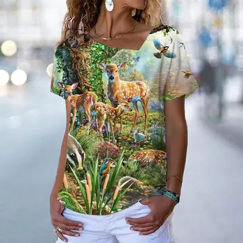 Женская футболка, Летний Повседневный Градиентный Топ с 3D Принтом Веселого Леса, Повседневная Футболка С V-образным вырезом и коротким рукавом Размера Плюс Для Дам, Женская футболка