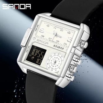 Цифровые часы SANDA LED, мужской люксовый бренд, кварцевые Большие часы с 3 часовыми поясами, 24 часа, кожаный ремешок, мужские спортивные часы Relogio Masculino
