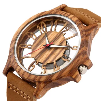 Sdotter Прозрачные полые мужские деревянные часы с арабскими цифрами на дисплее, шикарные модные мужские кварцевые часы из натуральной кожи