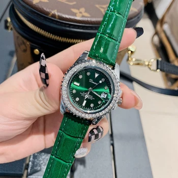 Женские часы с классическим зеленым циферблатом, инкрустированным кристаллами из нержавеющей стали и кожи