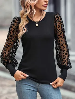 Осенняя футболка с длинным рукавом 2023, женская черная сетчатая футболка, женская футболка с круглым вырезом, приталенная футболка для женщин