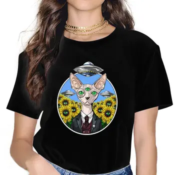 Новинка, Психоделические футболки для женщин, футболка с круглым вырезом, футболки с коротким рукавом Sphynx Cat, идея подарка, одежда