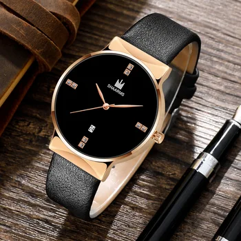 Мужские часы SHARMS от ведущего бренда, модные кварцевые часы с металлическим циферблатом и календарем, кожаный ремешок для часов, простые мужские часы Reloj Hombre