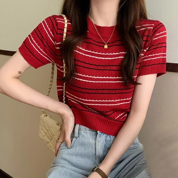 Корейский модный укороченный топ, футболка в полоску с коротким рукавом, Летняя повседневная трикотажная рубашка, тонкая летняя женская одежда
