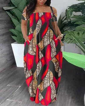Африканские платья для женщин, летние Сексуальные африканские женщины, Длинное платье из полиэстера с коротким рукавом и принтом, платье Макси, Африканская одежда для женщин