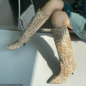 Женские сапоги до колена из искусственной кожи с рисунком питона, сапоги на шпильке с острым носком, женские ботинки на тонком каблуке, весенне-осенняя обувь, женская обувь