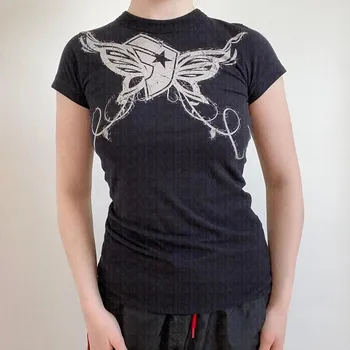 Эстетичная футболка y2k Винтажная модная рубашка Готический укороченный топ Уличная одежда Гранжевая детская футболка Винтажная повседневная одежда Y2k с коротким рукавом