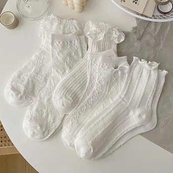 Белые кружевные носки в стиле Лолиты, женские хлопчатобумажные носки с бантом в виде сердца, женские носки Sweet JK, платье до щиколотки, Calcetin Medias