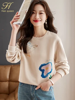 H Han Queen/ Новая осенняя толстовка с модным принтом и длинными рукавами, рабочая женская одежда, простые футболки с круглым вырезом, корейские повседневные топы для женщин