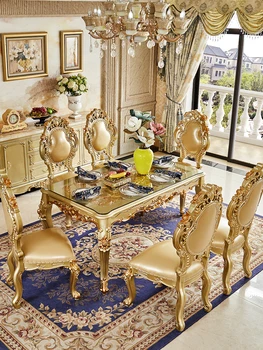 Европейский прямоугольный обеденный стол и стул с резьбой из массива дерева, вилла, дом из закаленного стекла цвета шампанского и золота