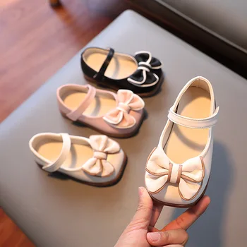 Весенне-осенняя обувь для маленьких девочек, милая кожаная обувь принцессы с бантом, однотонная нескользящая обувь для танцев для маленьких девочек в детском саду