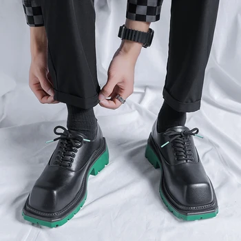 Мужские зеленые кожаные туфли с квадратным носком, мужские черные кожаные модные офисные туфли с квадратным носком, деловые туфли-оксфорды.
