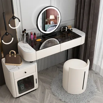 Роскошный Современный стол для макияжа из многоцветного дерева со светодиодным зеркалом, туалетный столик, Многофункциональный шкафчик, Домашняя мебель для спальни