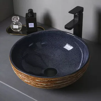 Раковина для ванной комнаты с круглым умывальником в стиле Ретро, Художественная раковина для балкона, Керамическая Раковина для столешницы со сливным отверстием
