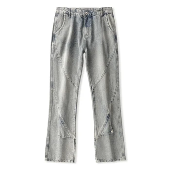 Мужские синие джинсовые брюки с широкими штанинами 2023, новые прямые джинсы в корейском стиле в стиле пэчворк, Средняя талия, мужские брюки с градиентом, Размер 3XL