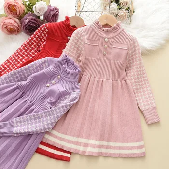 Вязаное платье-свитер в полоску для маленьких девочек, одежда для детей, детское осенне-зимнее повседневное трикотажное цельнокроеное платье