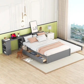 Многофункциональная полноразмерная кровать-платформа в современном стиле с выдвижной полкой, высококачественная, подходит для молодежной, взрослой спальни