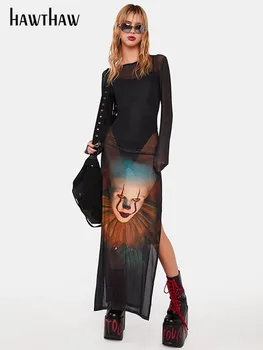 Hawthaw Women 2023 Осень Осенняя Сетчатая прозрачная уличная одежда с длинным рукавом, облегающее Черное длинное платье, Оптовые товары для бизнеса