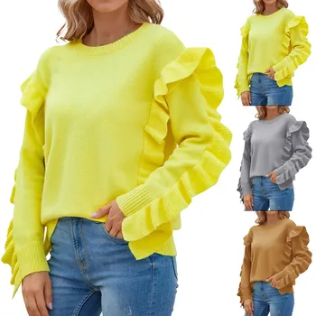 Женская однотонная трикотажная рубашка с круглым вырезом, топ с рукавами-лепестками, свитер, пижамные топы, топы для женщин, повседневные летние