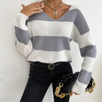 Модный женский осенний повседневный свитер в полоску с V-образным вырезом и длинными рукавами, женские топы с длинным рукавом, женский пуловер